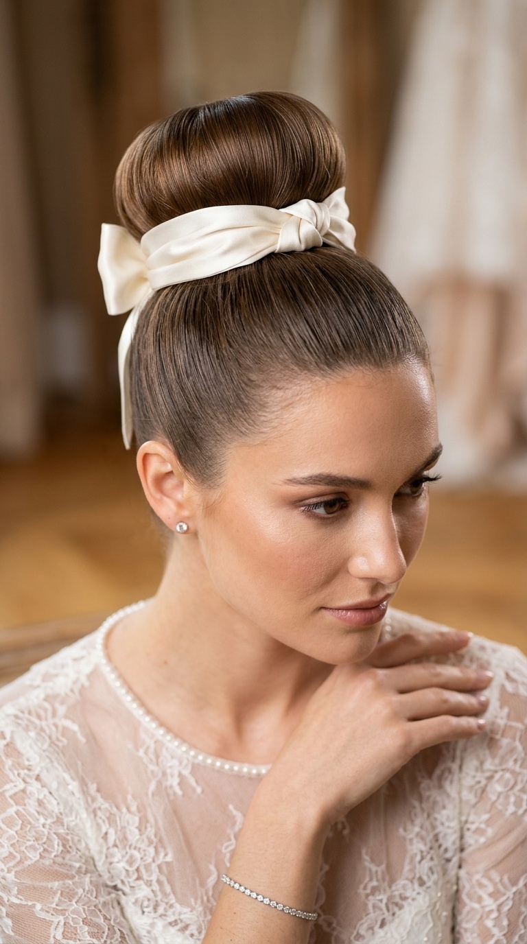 High Sleek Chignon with a Silk Ribbon Wrap