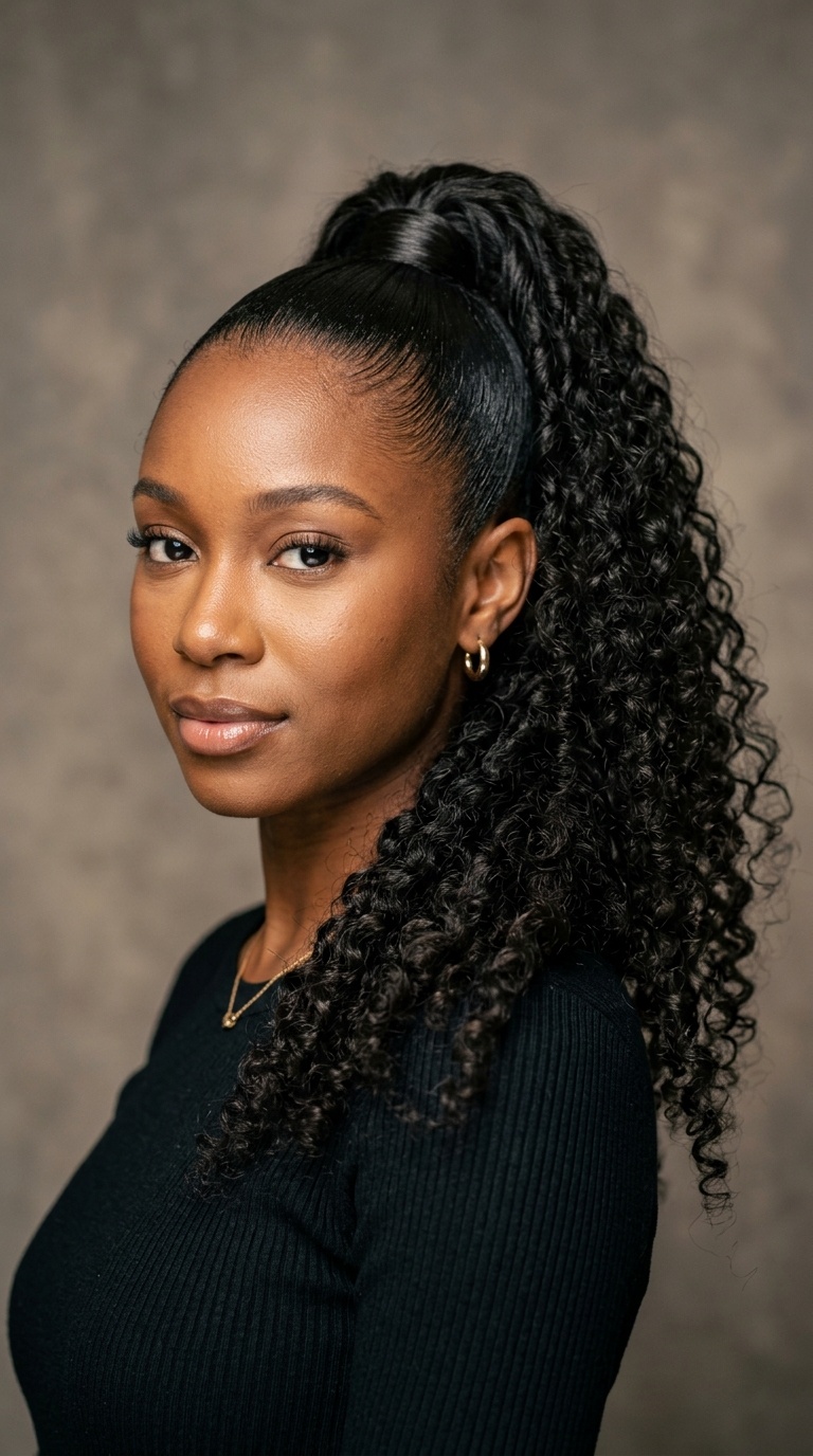 High Sleek Pony with Curly Ends
