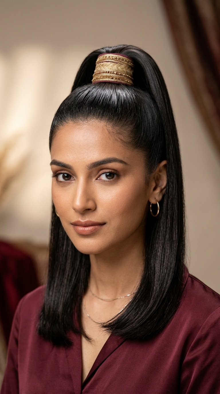High Sleek Ponytail with Hair Wrap