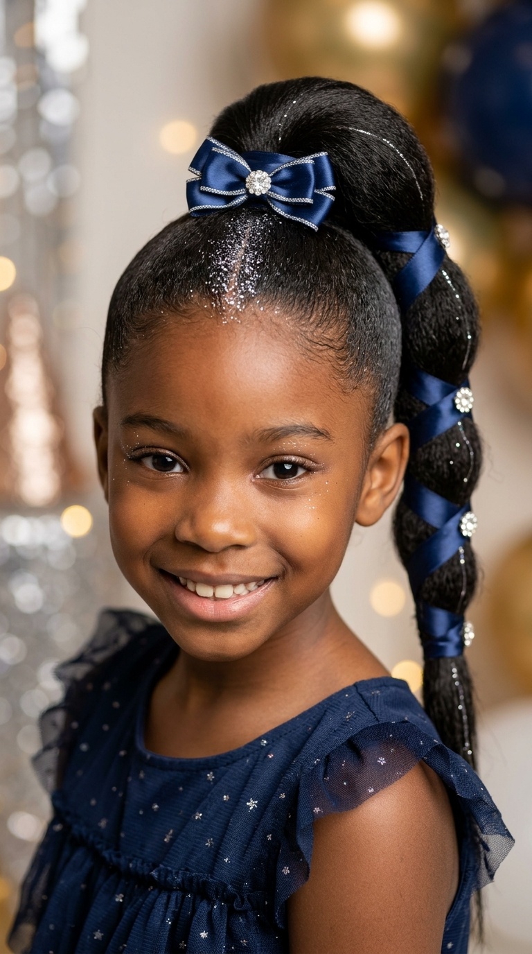High Sleek Ponytail with Ribbon Wrap and Sparkle Part