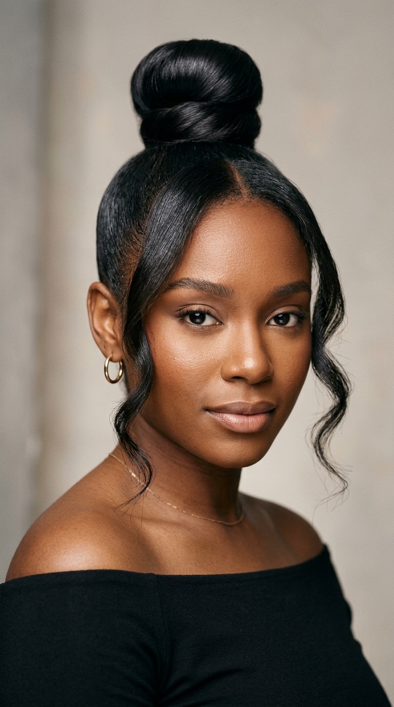 High Sleek Top Knot with Face-Framing Tendrils