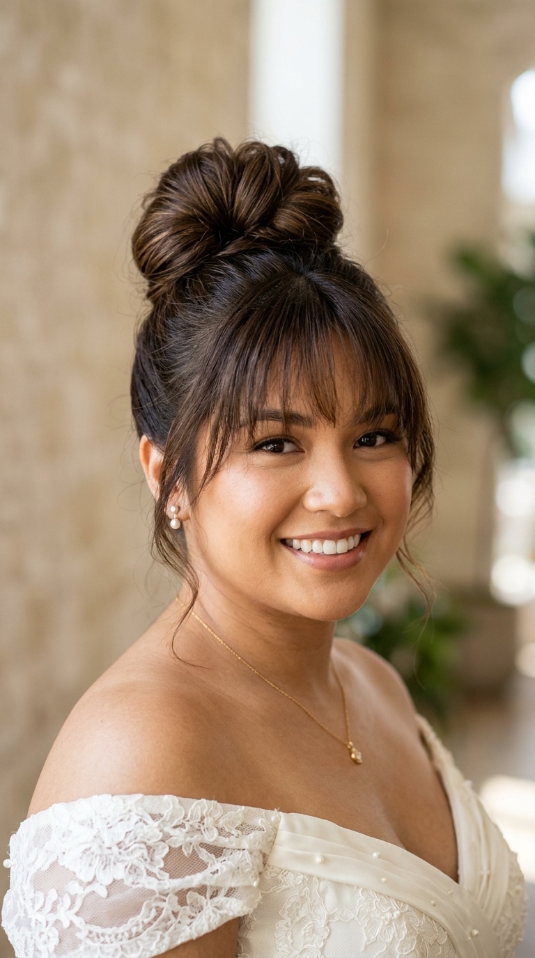 High Top Knot with Wispy Bangs