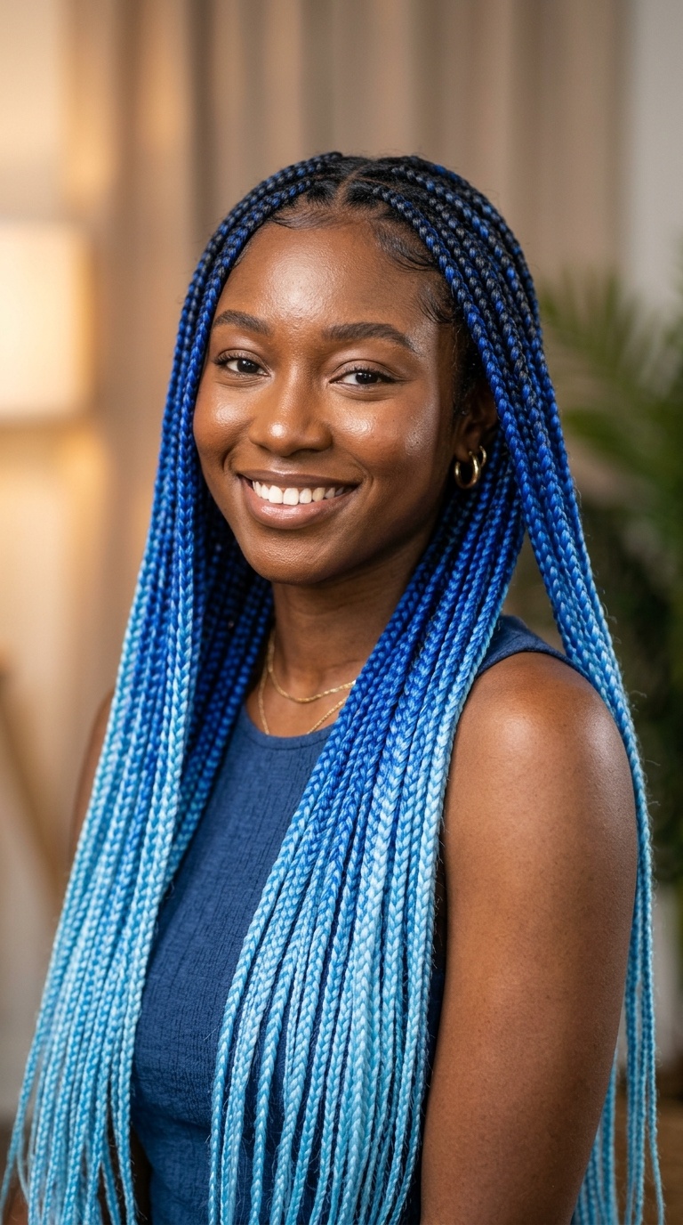 Hip-Length Multi-Tonal Blue Gradient Braids