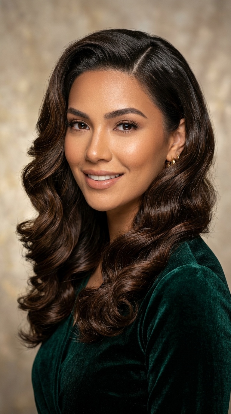 Hollywood Glam Curls with Deep Side Part