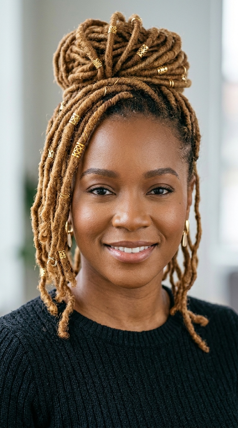 Honey-Toned Loc Updo with Gold Cuffs