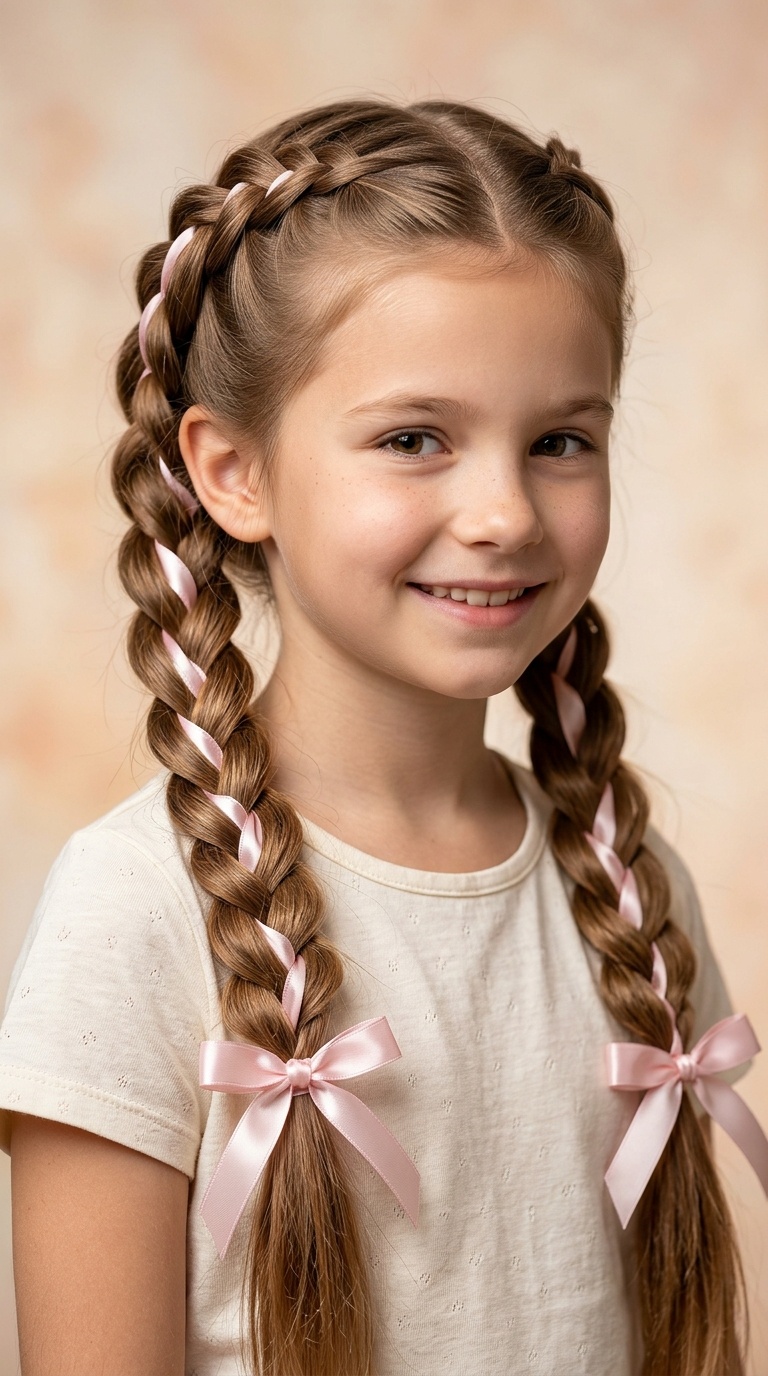 Interlocking Braided Pigtails with Ribbon