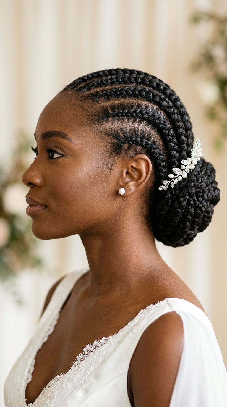 Intricate Cornrow Updo with Tucked Ends