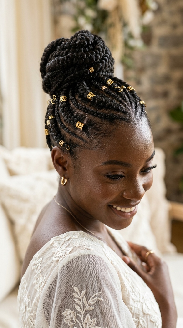 Intricate Cornrowed Updo with Gold Cuffs