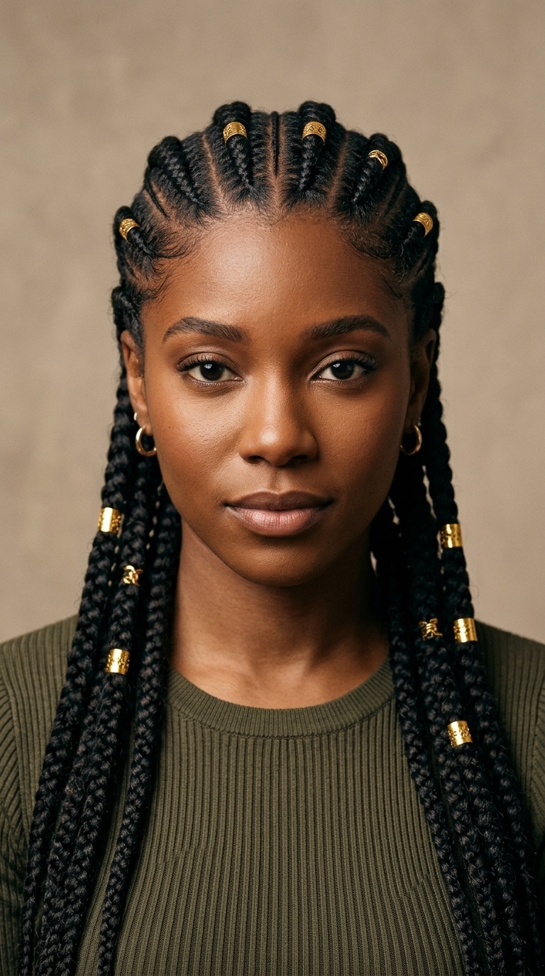 Intricate Cornrows with Symmetrical Golden Cuffs