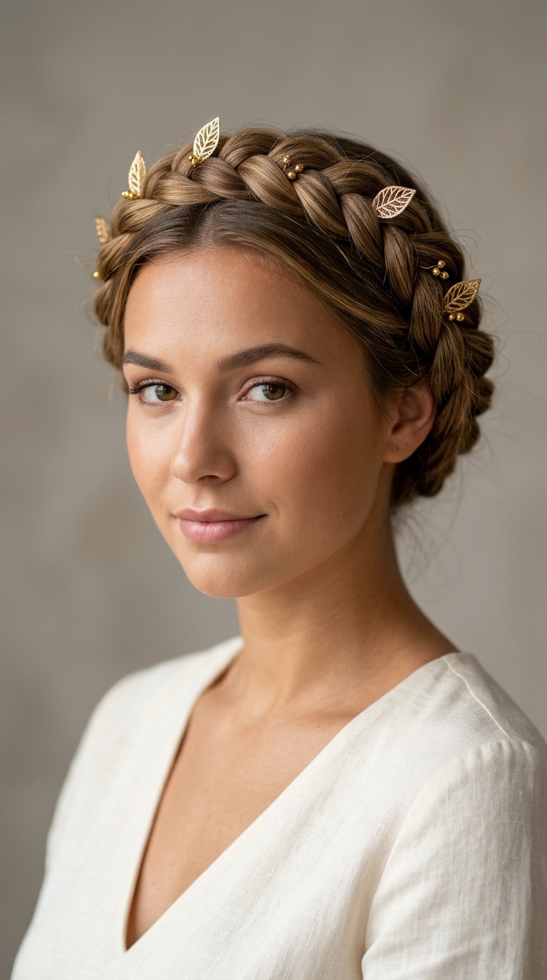 Intricate Dutch Braid Crown with Gold Leaf Pins