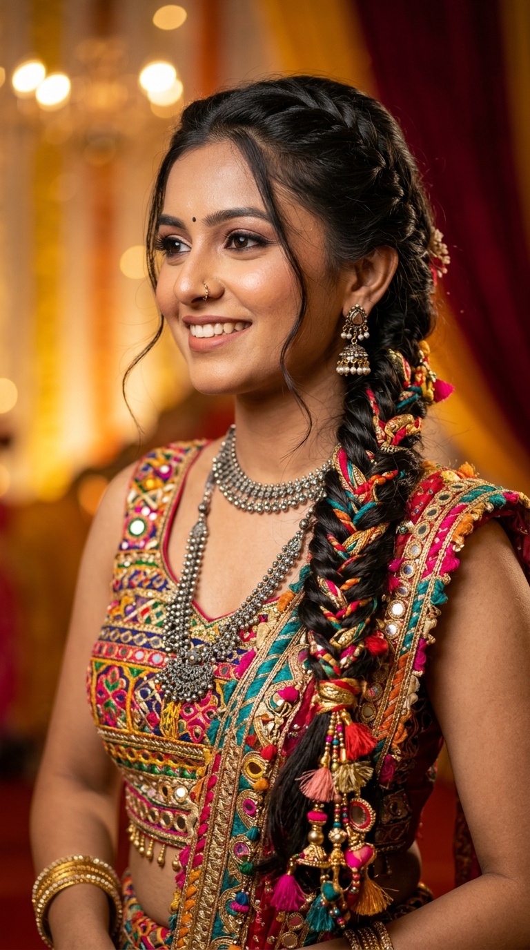 Intricate Fishtail Braid with Colorful Parandi