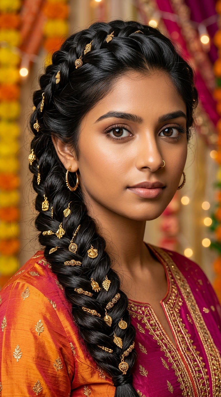 Intricate Fishtail Braid with Gold Charms