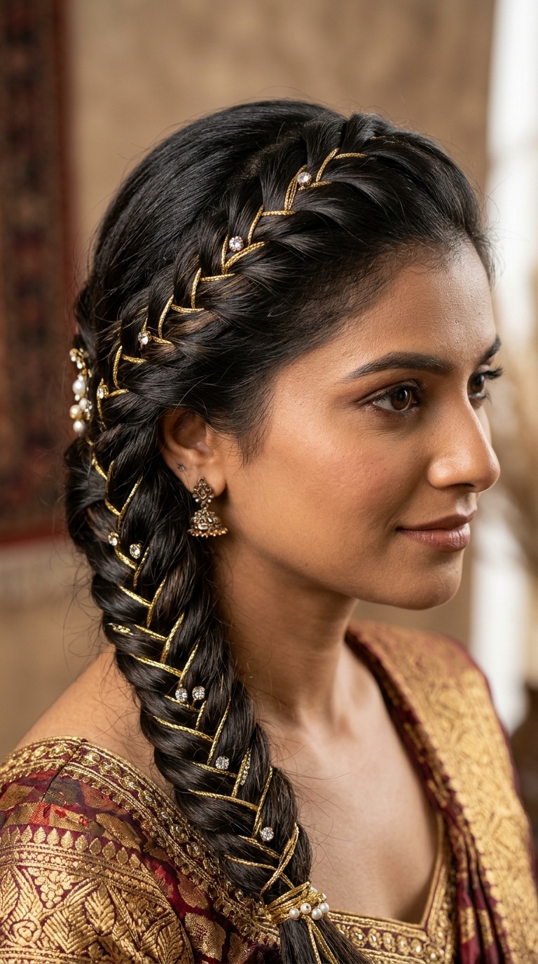 Intricate Fishtail Braid with Gold Thread