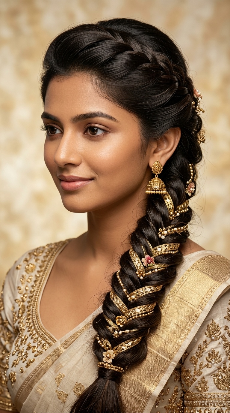 Intricate Fishtail Braid with Gota Patti