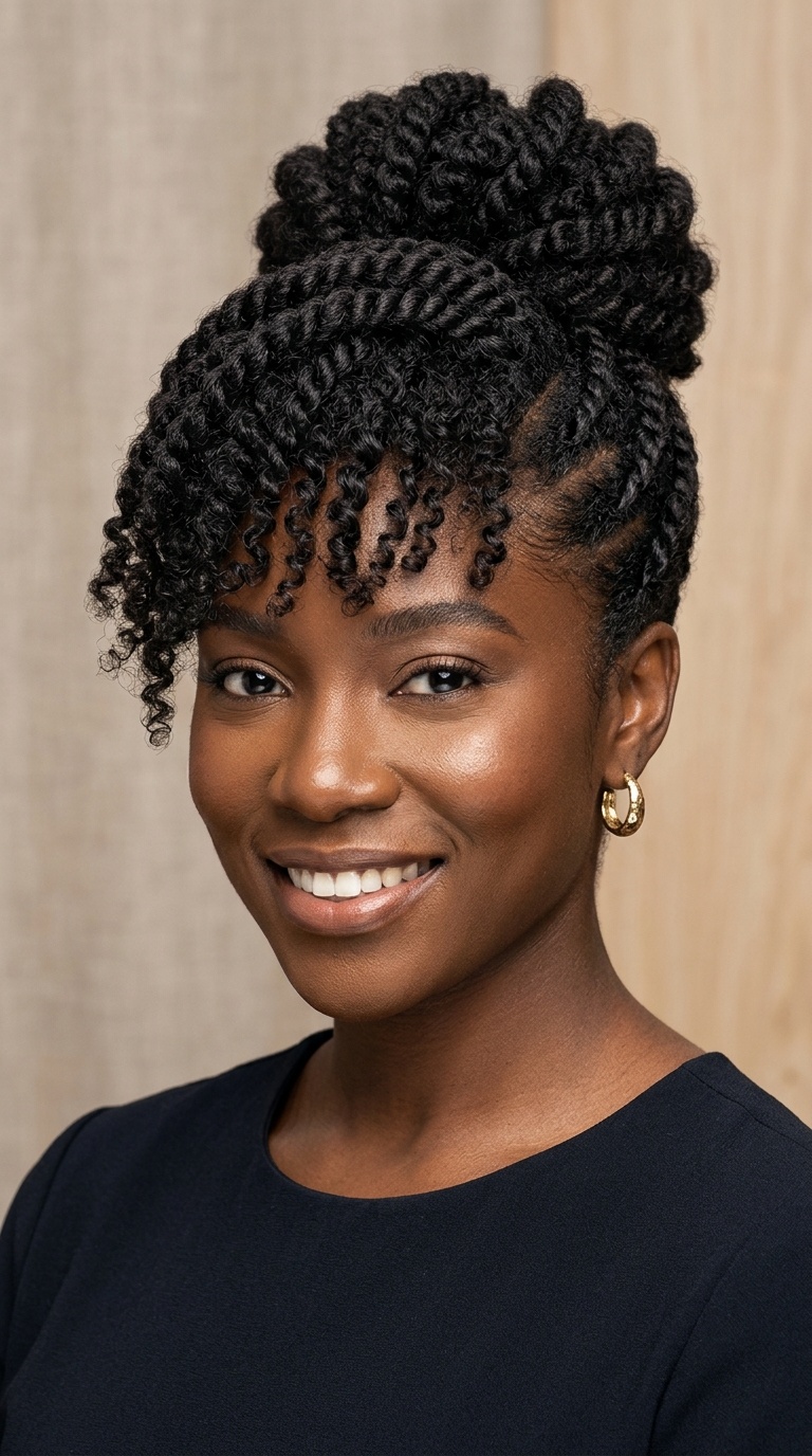 Intricate Flat-Twist Updo with Curly Fringe