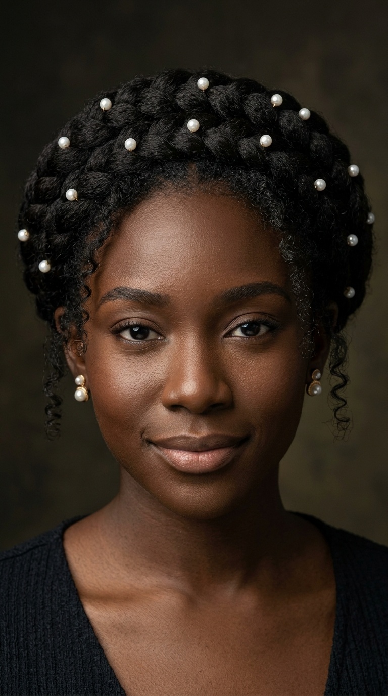 Intricate Halo Braid with Pearl Accents