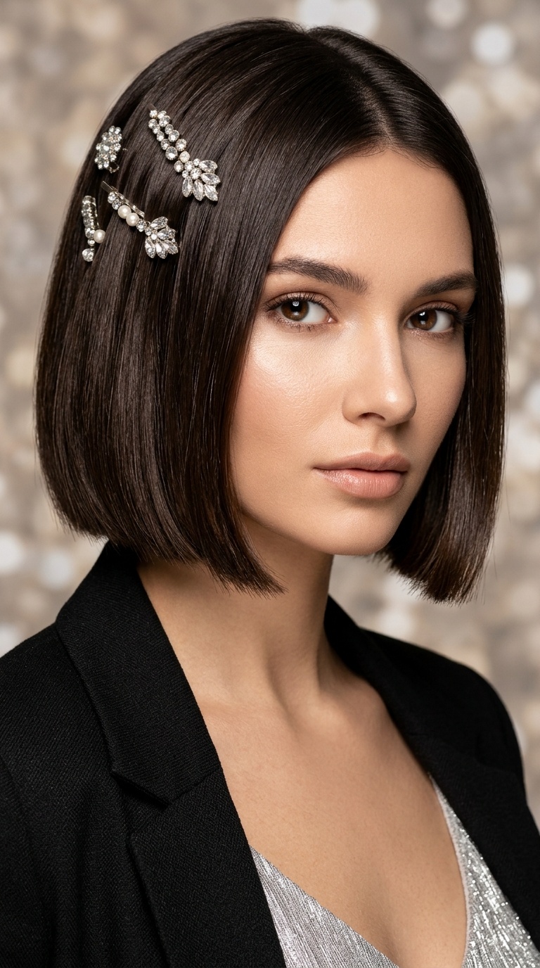 Jeweled Hair Pins on Blunt Bob
