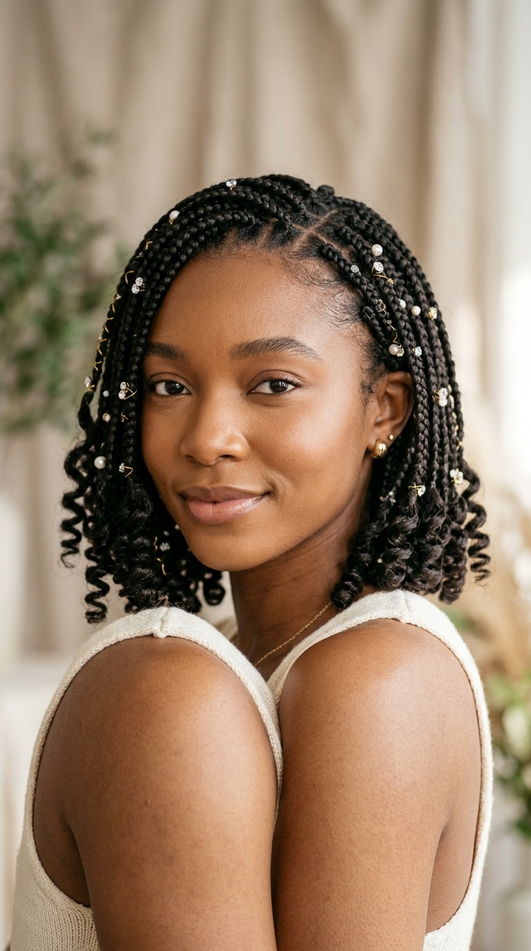Jeweled Short Braids with Spiral Ends