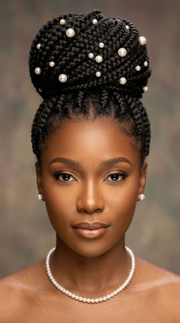 Jumbo Box Braid High Bun with Pearl Accents