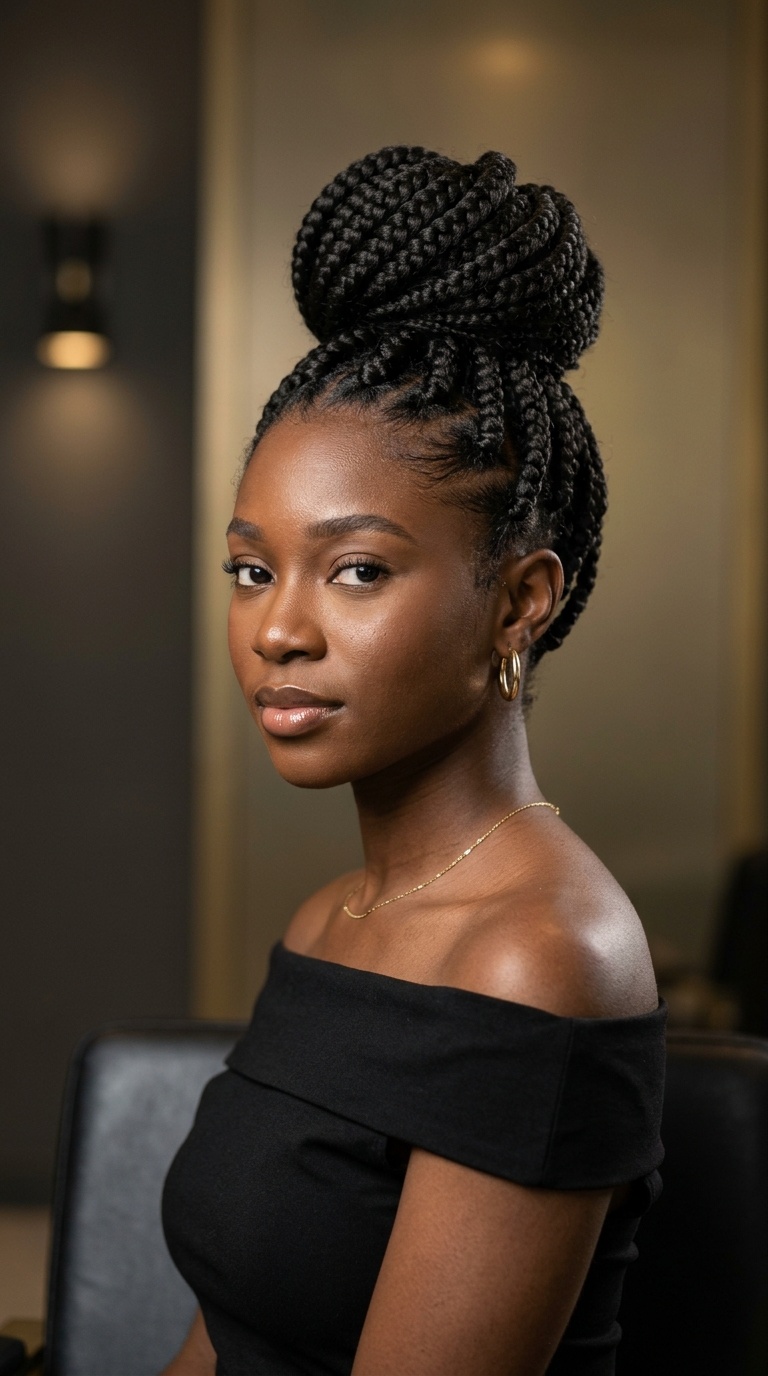 Jumbo Box Braids in a High Bun