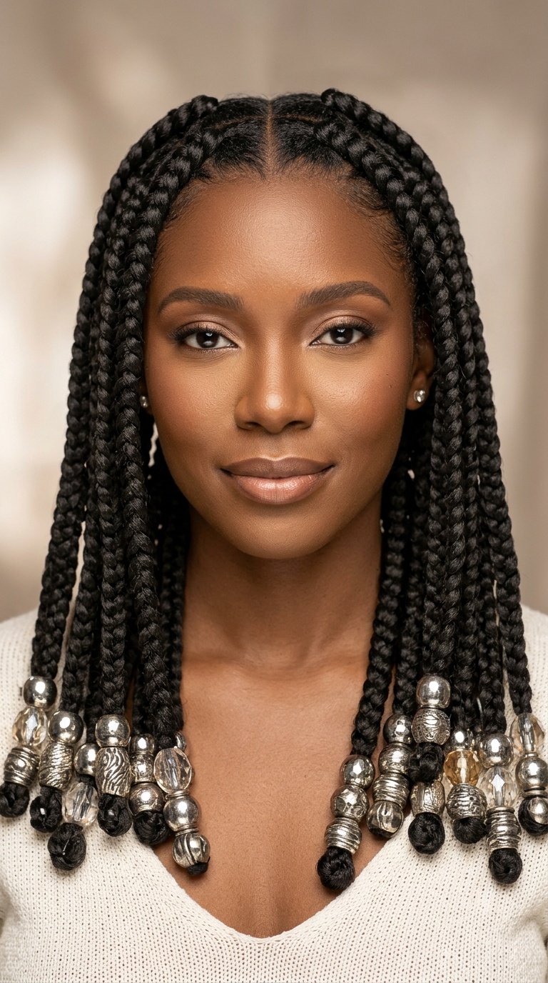 Jumbo Box Braids with Oversized Metallic Beads