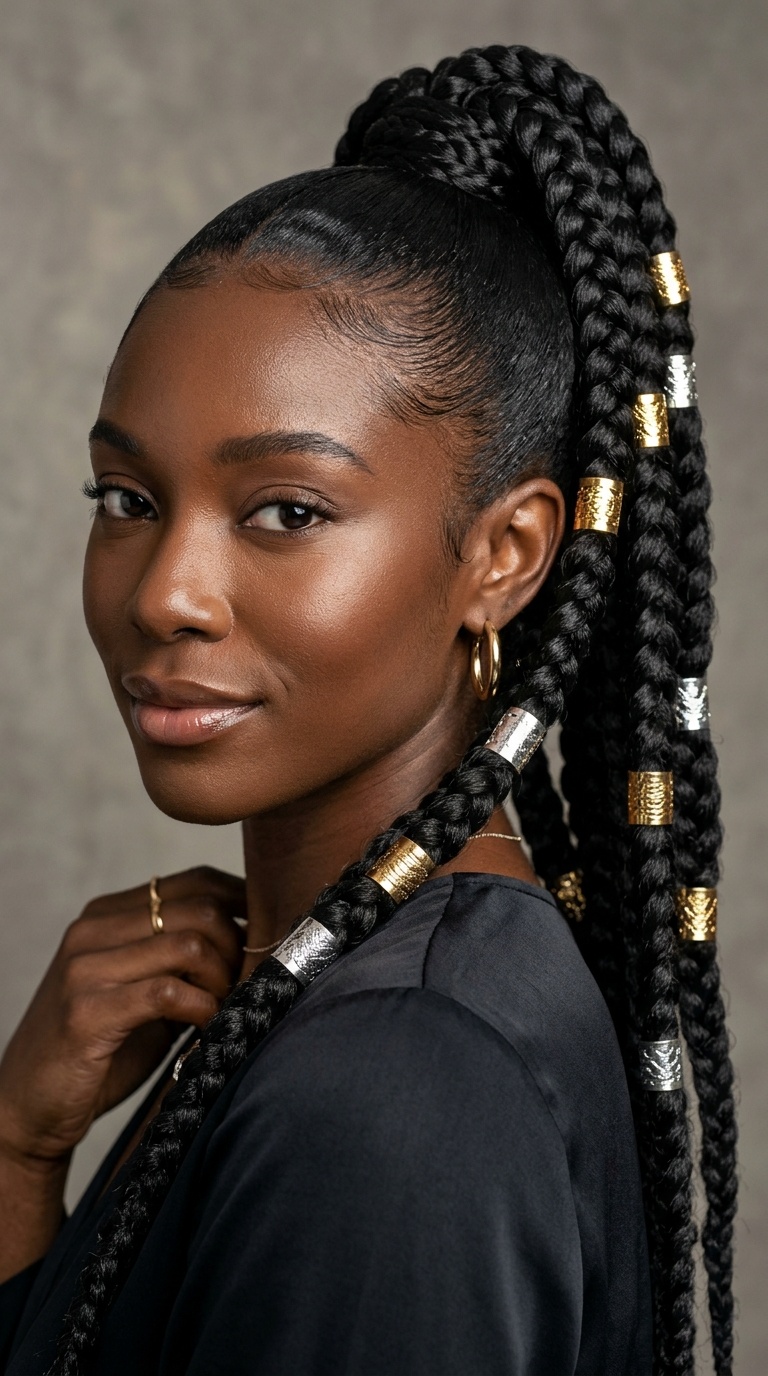 Jumbo Braided Ponytail with Metallic Cuffs