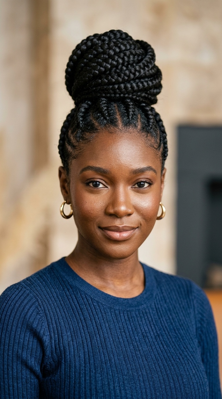 Jumbo Cornrows with a Statement High Bun