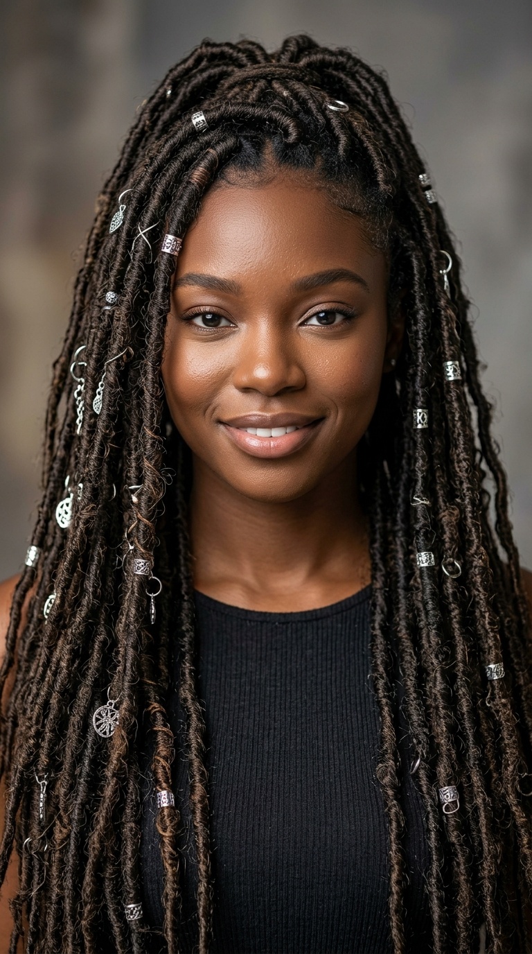 Knee-Length Distressed Faux Locs with Silver Charms