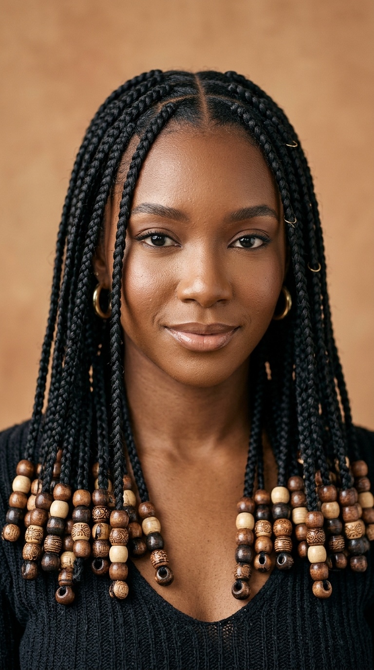 Knotless Braids with Earthy Wooden Beads