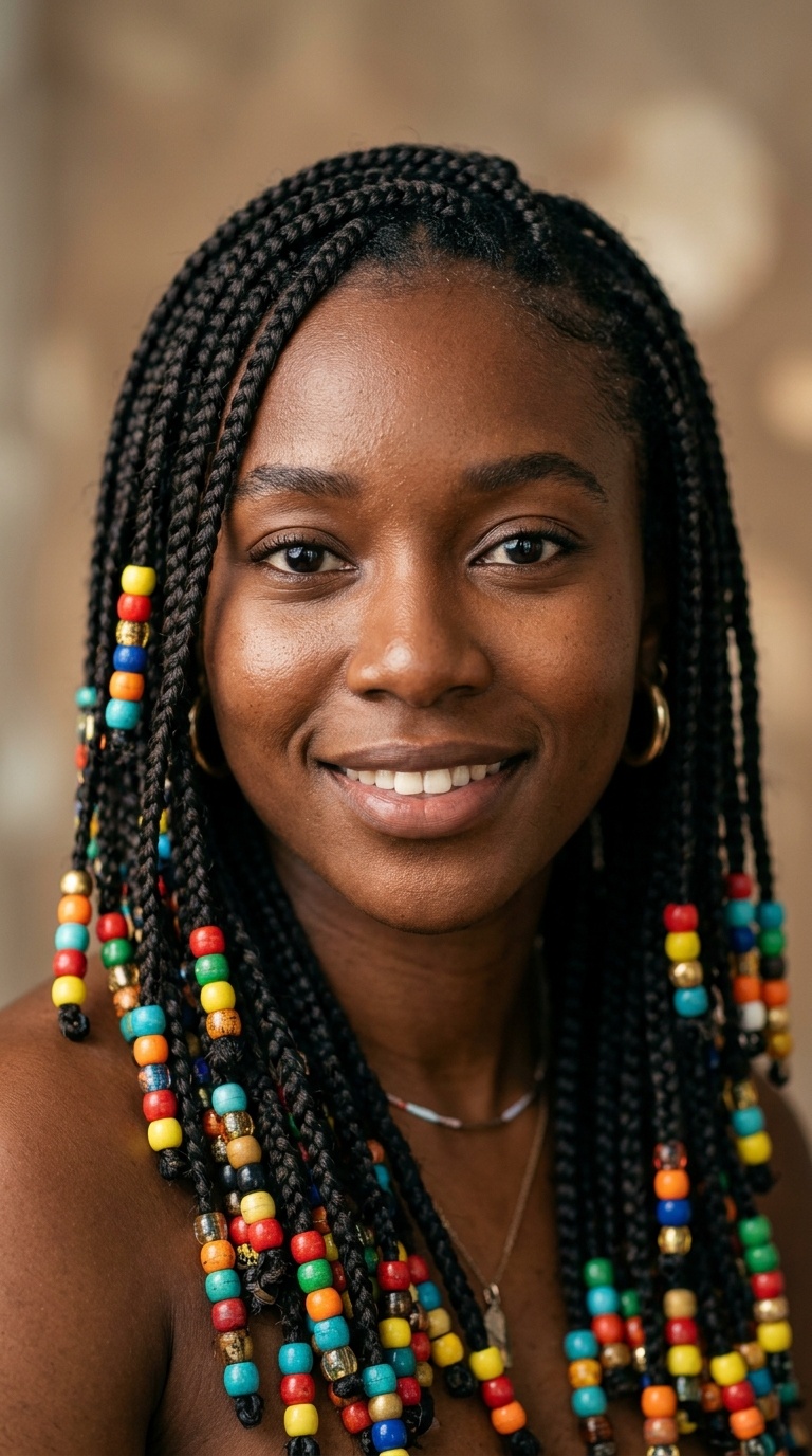 Layered Braids with Vibrant Multi-Colored Beads