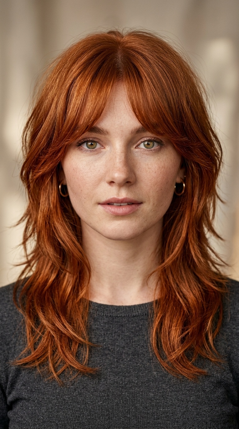 Layered Copper Shag with Curtain Bangs
