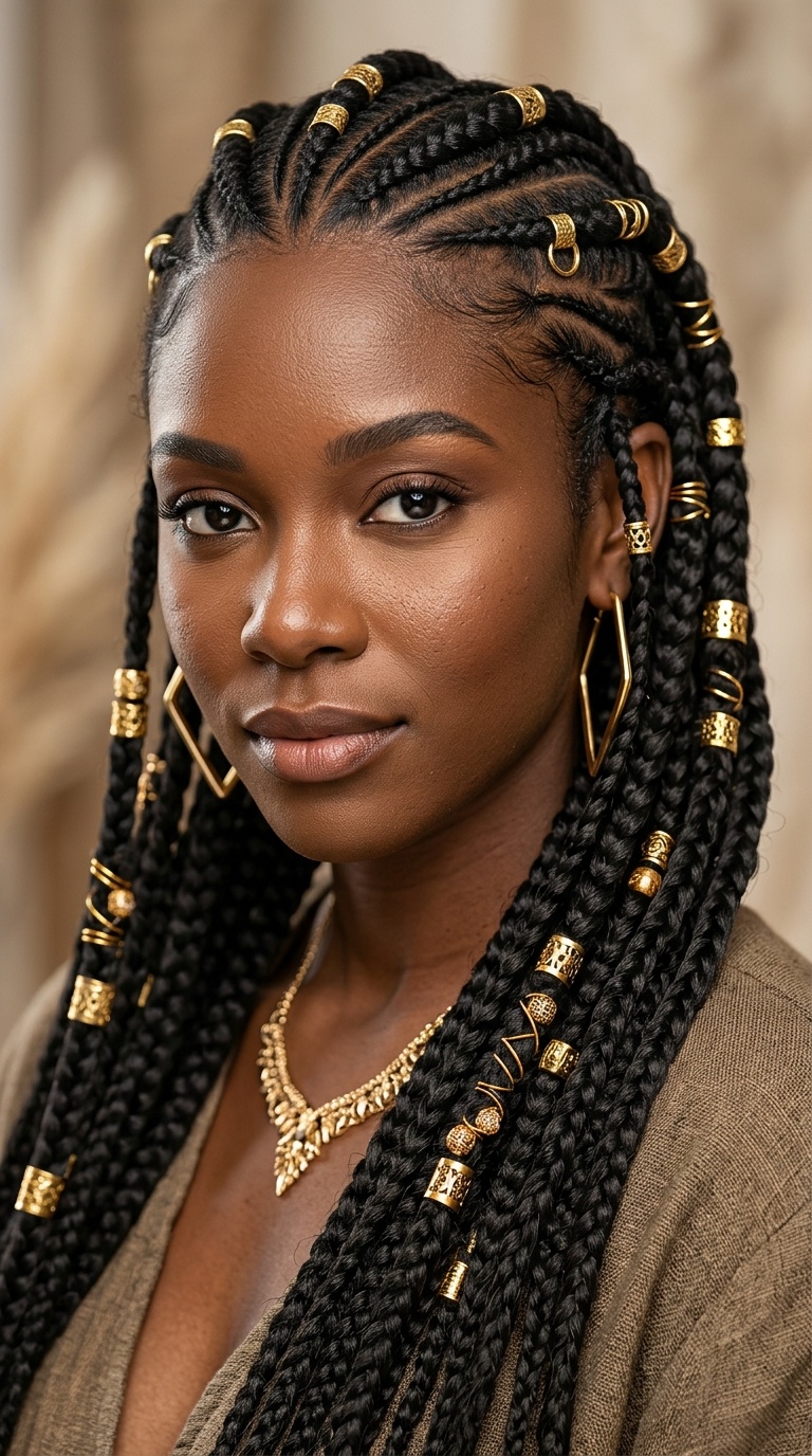 Layered Tribal Braids with Gold Cuffs