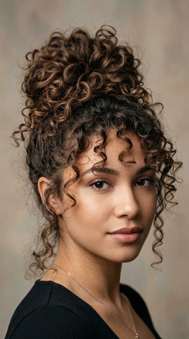 Lofty Messy Bun with Face-Framing Tendrils