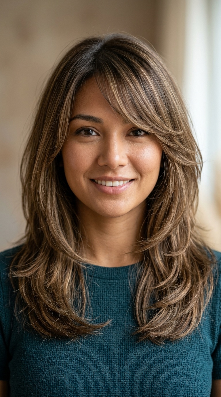 Long Layers with Side-Swept Bangs