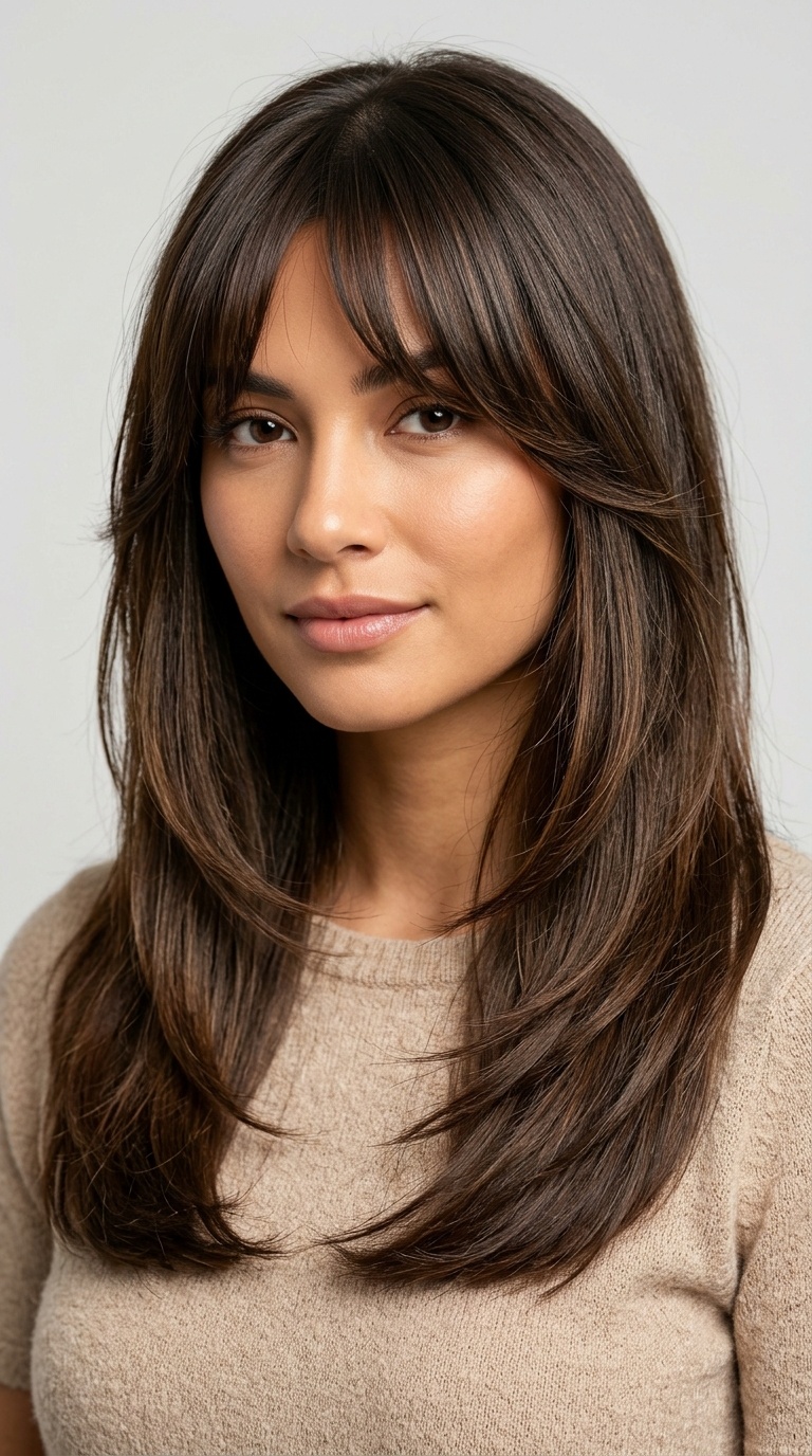 Long Layers with Tapered Curtain Bangs