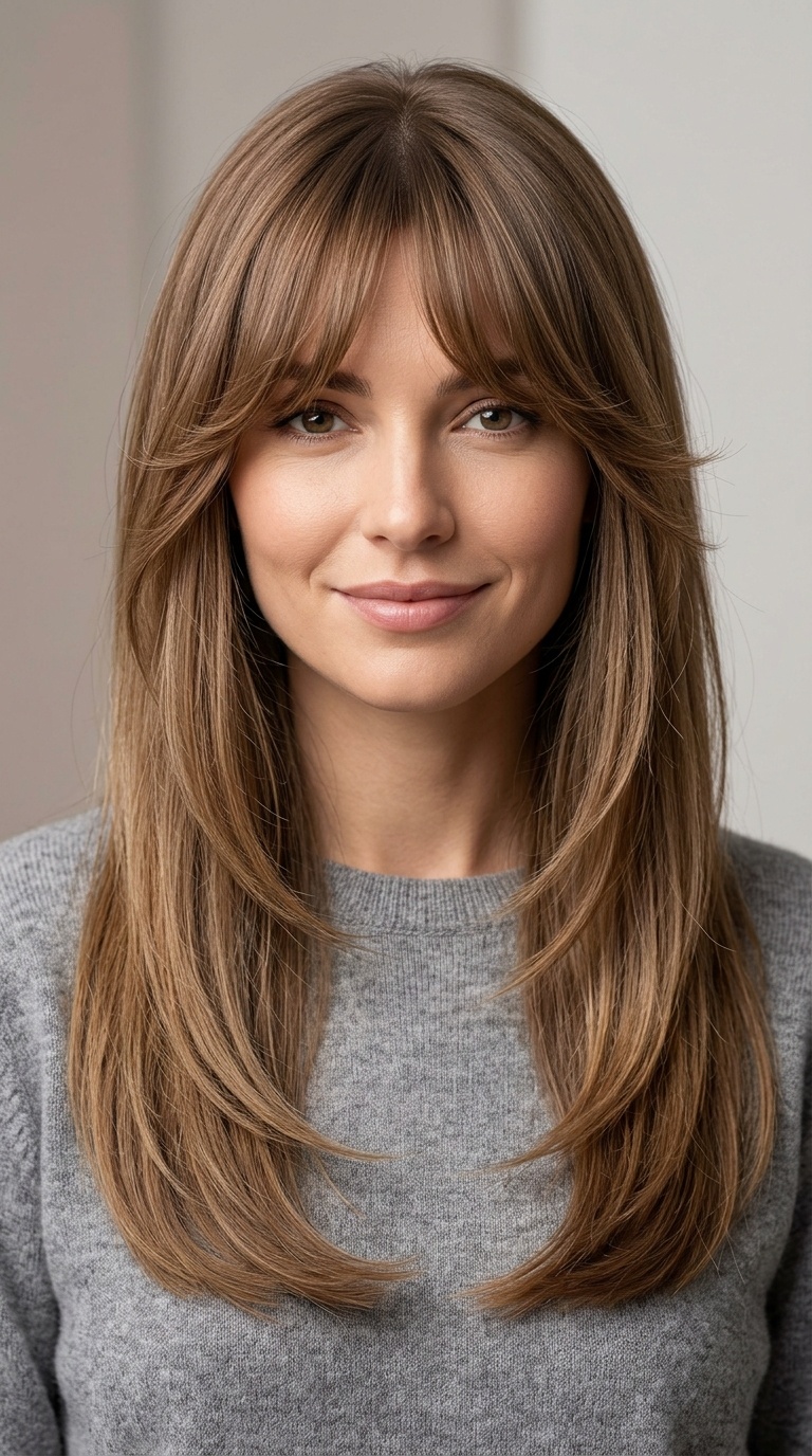 Long Straight Layers with Butterfly Bangs