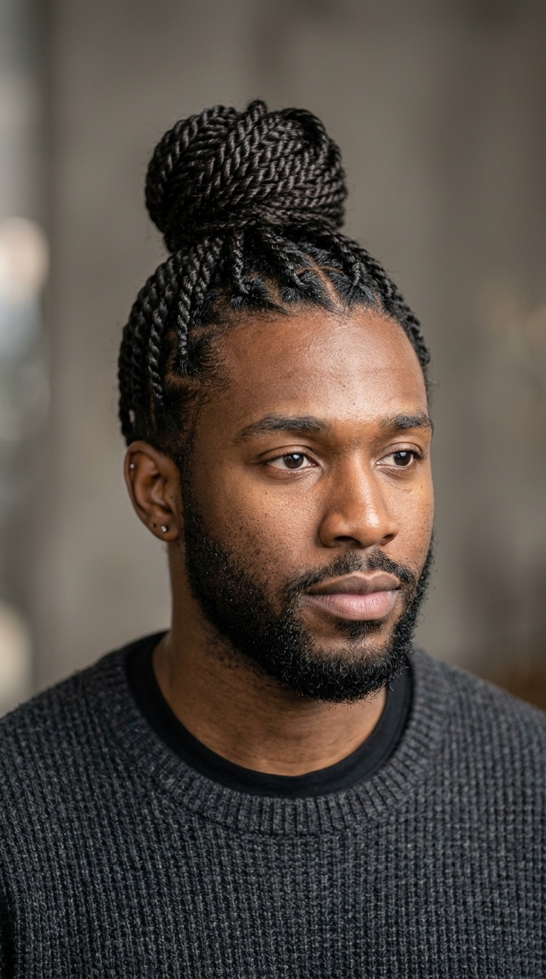 Long Twist Braids in a Man Bun