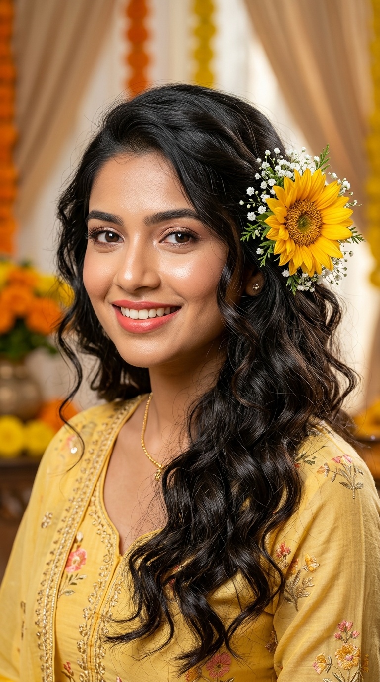 Loose Beachy Waves with Sunflower Clip