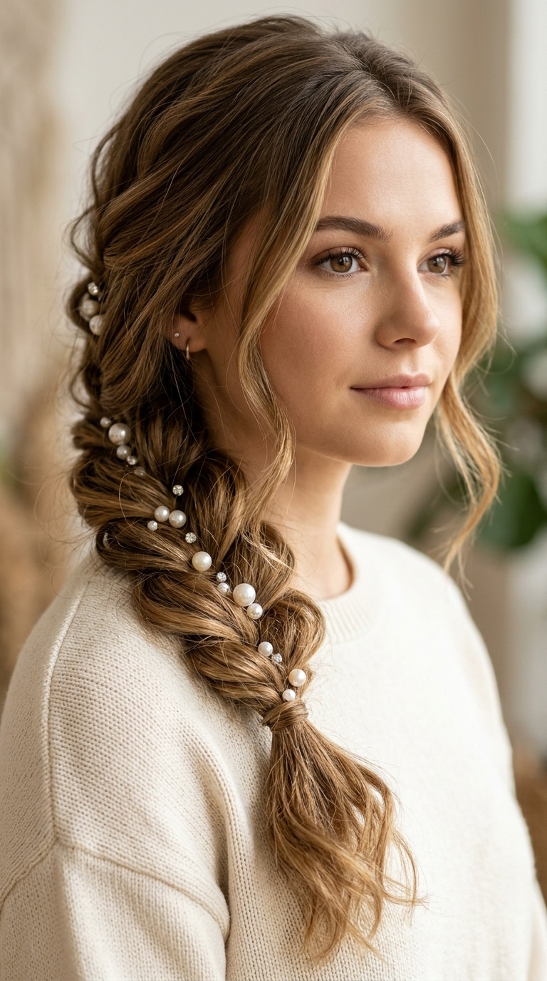 Loose Boho Side Braid with Pearl Pins