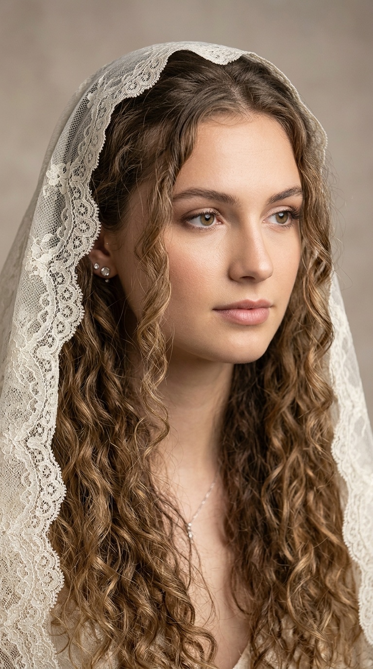 Loose Curls with Mantilla Veil Placement