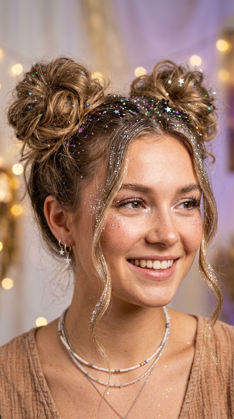 Loose Messy Space Buns with Face-Framing Sparkle