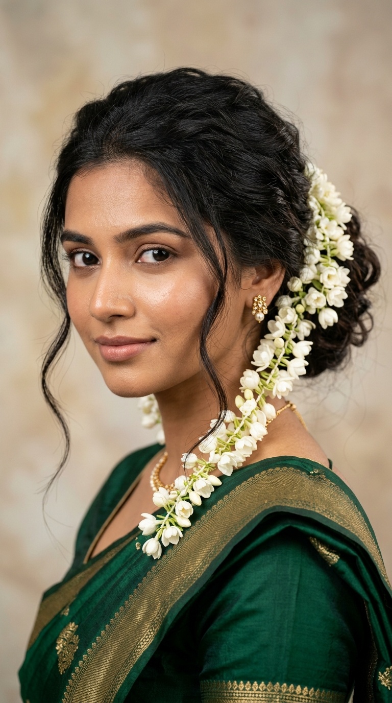 Loose Romantic Bun with Hanging Jasmine