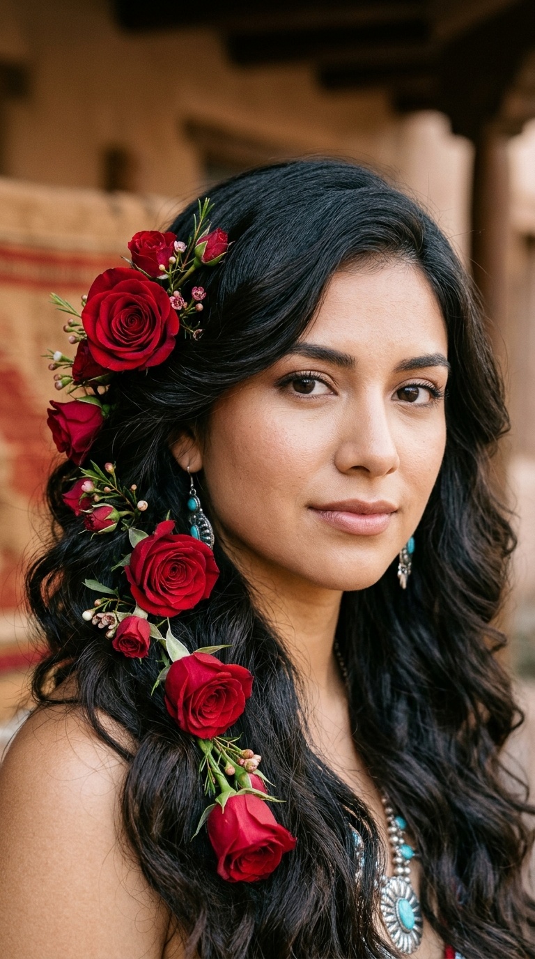 Loose Romantic Waves with Red Roses