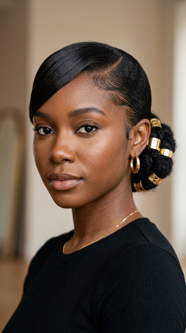 Low Bun with Gold Cuffs and Swoop