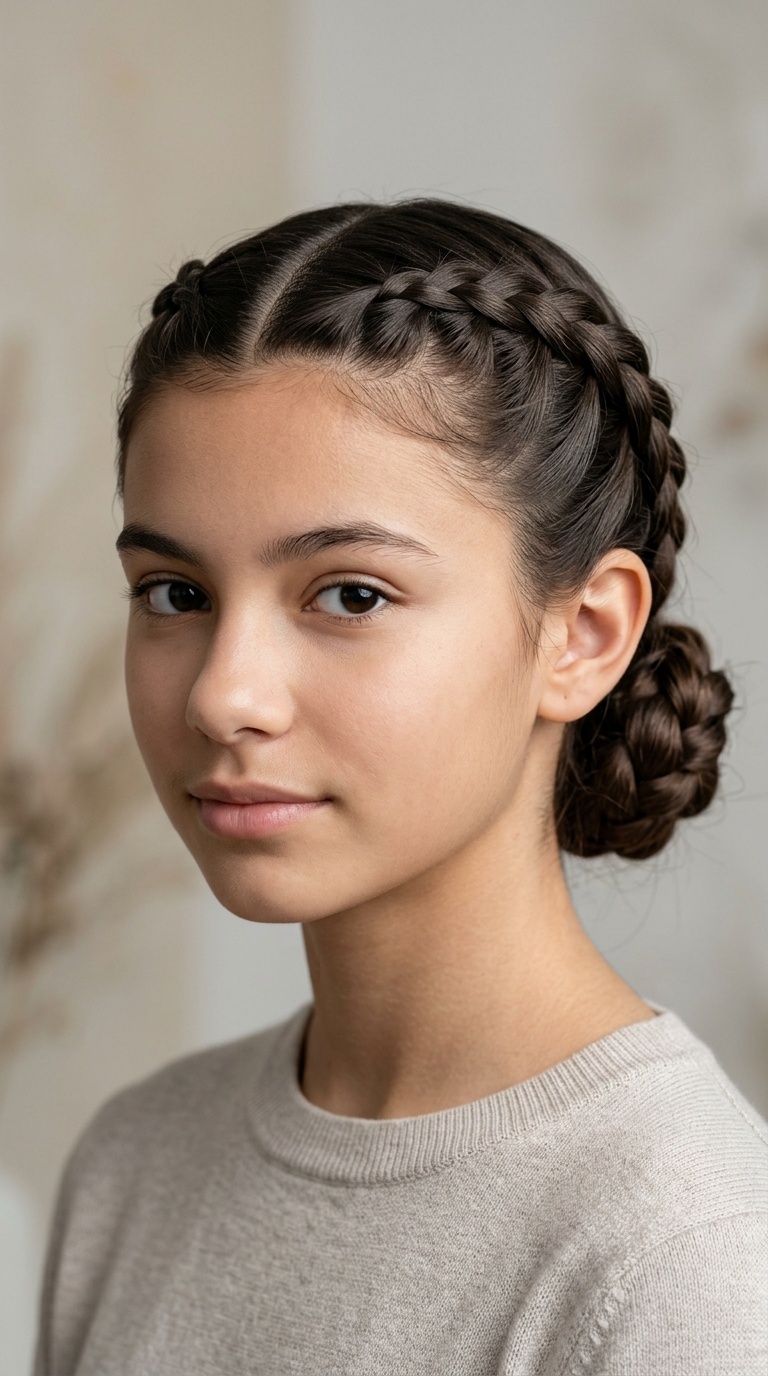 Low Bun with Parted French Plaits