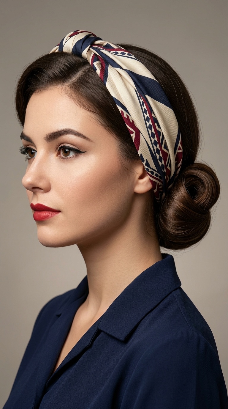 Low Chignon Roll with a Wide Scarf Band