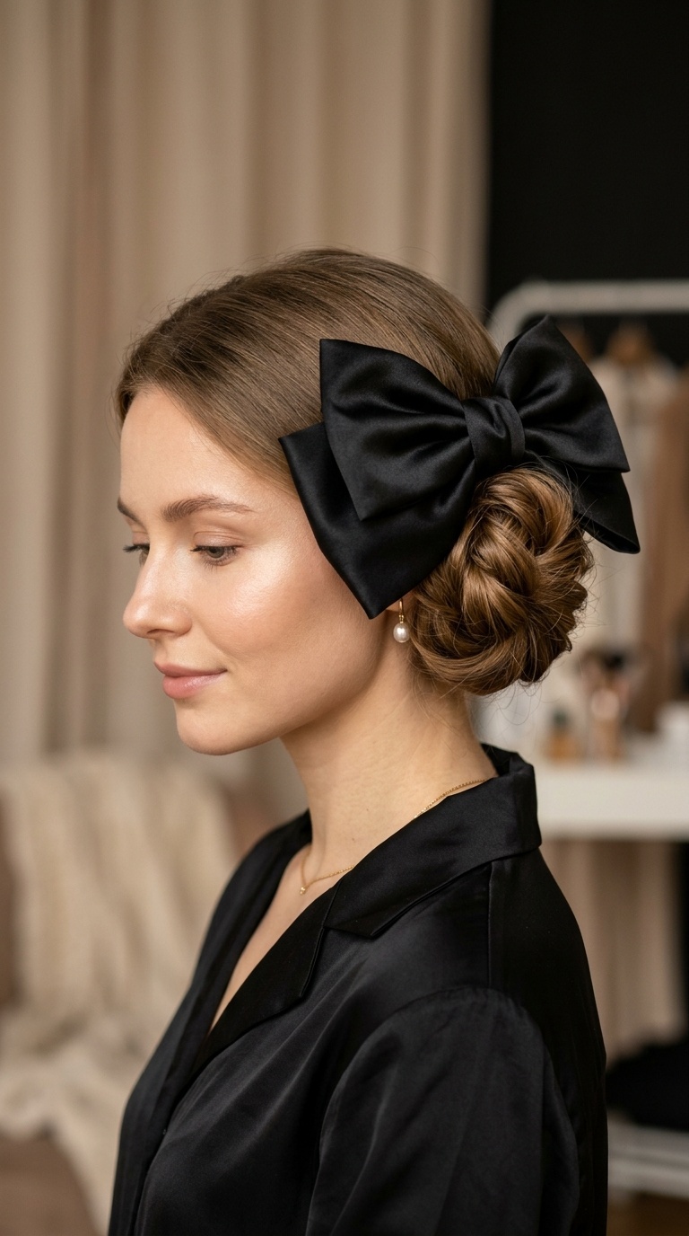 Low Chignon with a Giant Satin Bow