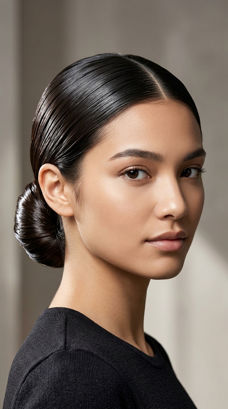 Low Chignon with a Mirror-Shine Finish