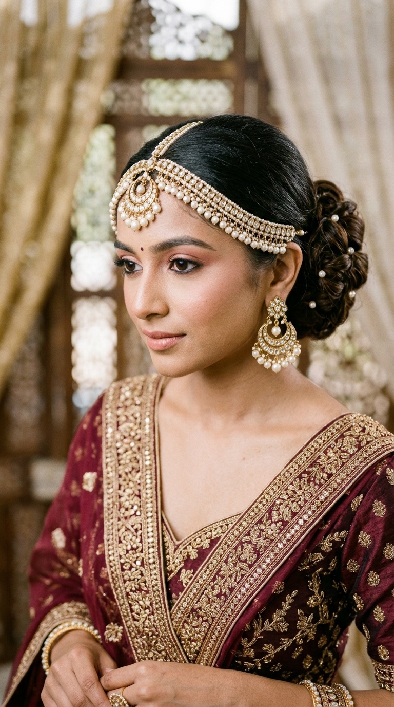 Low Chignon with a Pearl-Encrusted Mathapatti