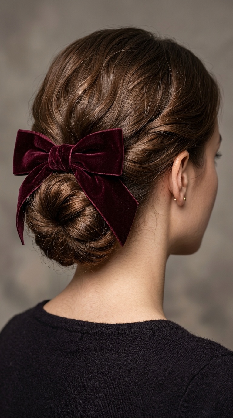 Low Chignon with an Oversized Velvet Bow